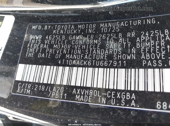 4T1DAACK6TU667911 2026 TOYOTA LE Черный Вид подкапотного пространства