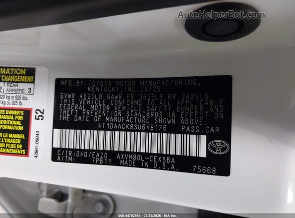 4T1DAACK8SU648176 2025 TOYOTA CAMRY White 