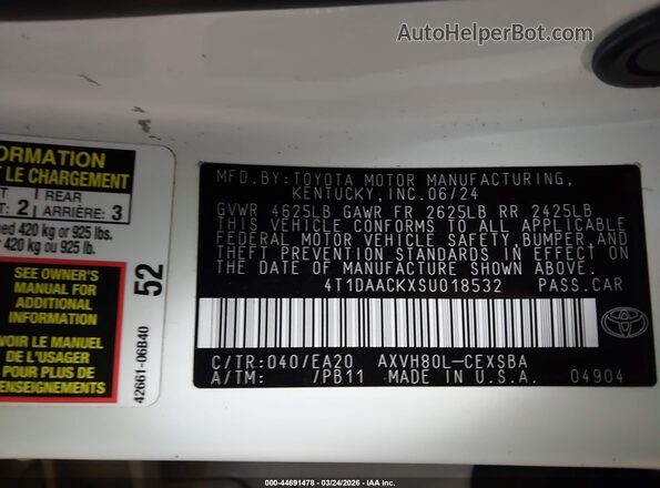 4T1DAACKXSU018532 2025 TOYOTA CAMRY White Widok komory silnika