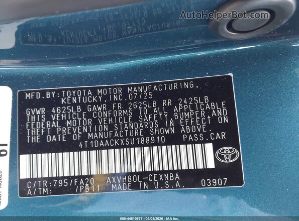 4T1DAACKXSU188910 2025 TOYOTA LE Blue ძრავის განყოფილების ხედი