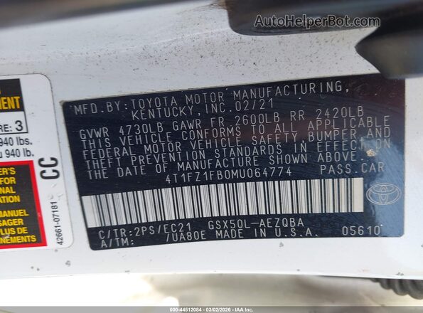 4T1FZ1FB0MU064774 2021 TOYOTA AVALON Белый Вид подкапотного пространства