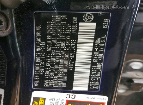 4T1FZ1FB2LU047828 2020 TOYOTA AVALON Black ძრავის განყოფილების ხედი