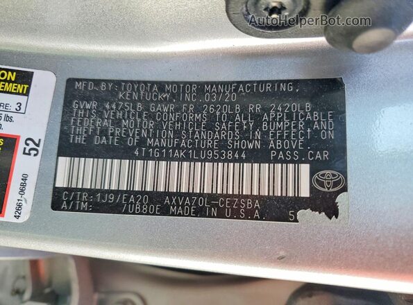 4T1G11AK1LU953844 2020 TOYOTA CAMRY Silver 