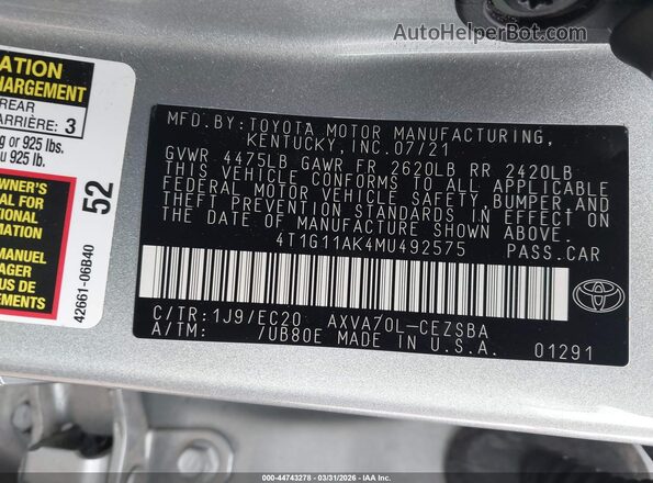 4T1G11AK4MU492575 2021 TOYOTA CAMRY Silver 