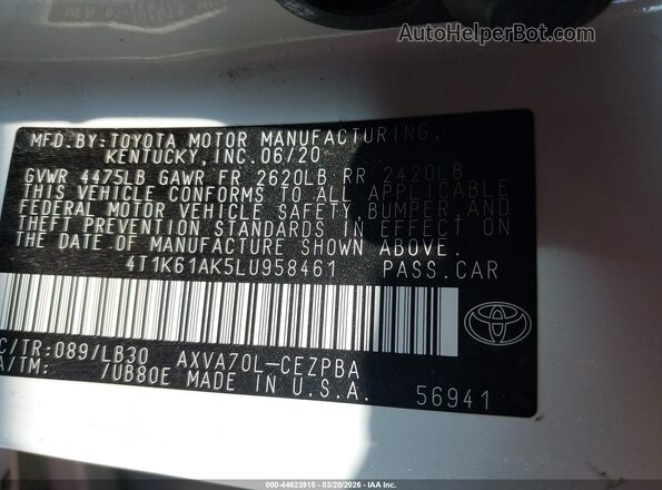 4T1K61AK5LU958461 2020 TOYOTA CAMRY White Vista del compartimento del motor
