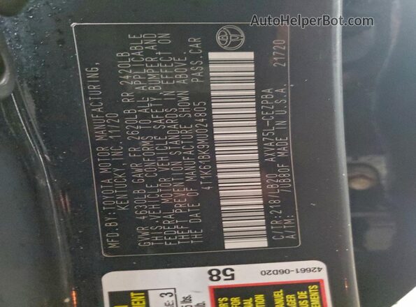 4T1K61BK9MU024805 2021 TOYOTA CAMRY Black Vista de la etiqueta del VIN