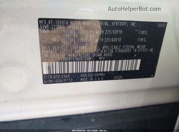 4T3B6RFV1NU073394 2022 TOYOTA LE White Vista del compartimento del motor