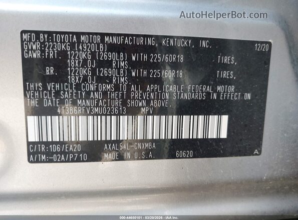 4T3B6RFV3MU023613 2021 TOYOTA LE Silver Engine compartment view