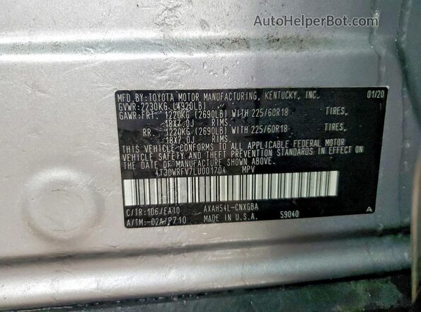 4T3DWRFV7LU001704 2020 TOYOTA LIMITED Silver VIN sticker view