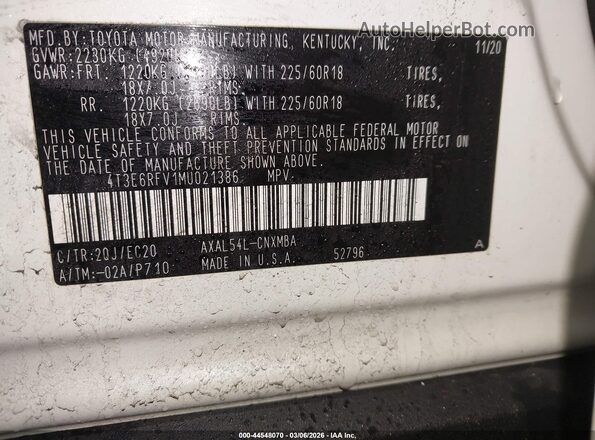 4T3E6RFV1MU021386 2021 TOYOTA RAV4 HYBRID White Engine compartment view