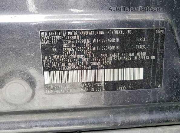 4T3E6RFV5MU011640 2021 TOYOTA RAV4 Gray VIN կոդի պիտակի տեսք