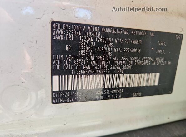 4T3E6RFV9MU064275 2021 TOYOTA RAV4 White Սալոնի 360 աստիճան տեսք