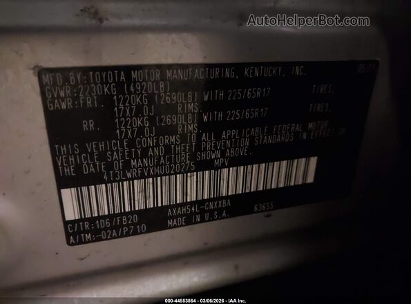 4T3LWRFVXMU020275 2021 TOYOTA LE Silver Widok komory silnika