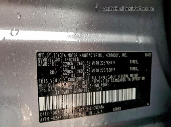 4T3RWRFV4NU064882 2022 TOYOTA RAV4 Silver VIN sticker view