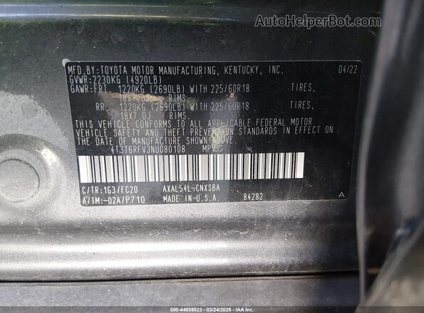 4T3T6RFV3NU080108 2022 TOYOTA RAV4 HYBRID Gray Շարժիչի բաժամունքի տեսք