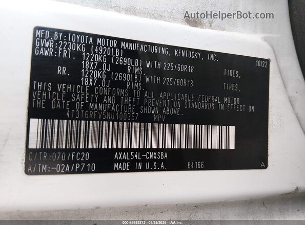 4T3T6RFV5NU100357 2022 TOYOTA RAV4 HYBRID White ძრავის განყოფილების ხედი
