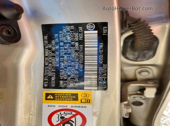 4T4BF1FK2GR571449 2016 TOYOTA LE Silver Vista del compartimento del motor