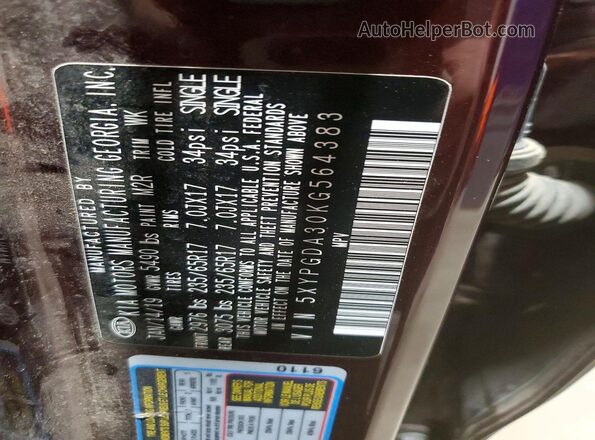5XYPGDA30KG564383 2019 KIA SORENTO Burgundy 