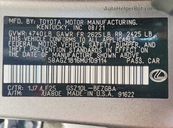 58AGZ1B16MU109114 2021 LEXUS ES Серебряный 