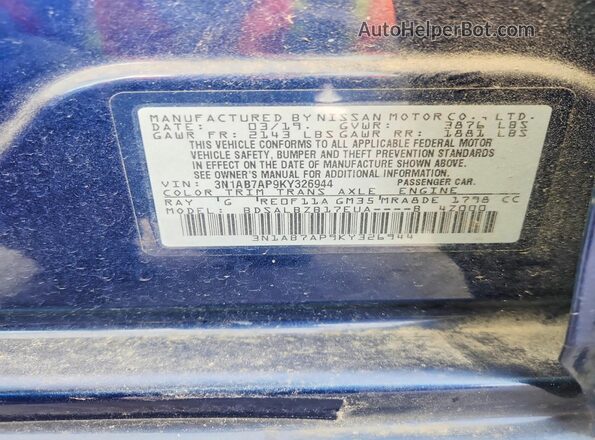 3N1AB7AP9KY326944 2019 NISSAN SENTRA Синий 