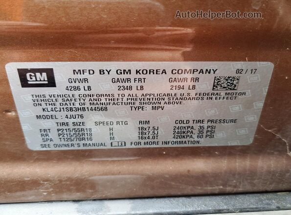 KL4CJ1SB3HB144568 2017 BUICK ENCORE Brown 