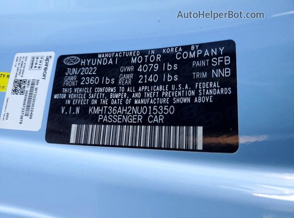 KMHT36AH2NU015350 2022 HYUNDAI VELOSTER Blue VIN კოდის სტიკერის ხედი
