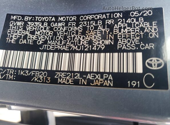JTDEPMAE7MJ121479 2021 TOYOTA LL Blue VIN կոդի պիտակի տեսք