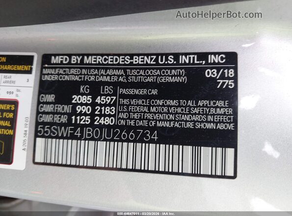 55SWF4JB0JU266734 2018 MERCEDES-BENZ C-CLASS Серебряный 