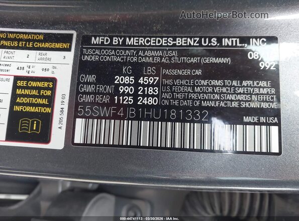 55SWF4JB1HU181332 2017 MERCEDES-BENZ C-CLASS Серый Вид подкапотного пространства