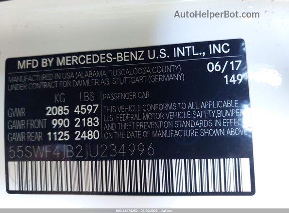 55SWF4JB2JU234996 2018 MERCEDES-BENZ C-CLASS White Engine compartment view
