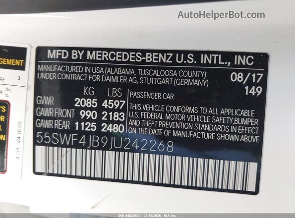 55SWF4JB9JU242268 2018 MERCEDES-BENZ C-CLASS White Вид підкапотного простору