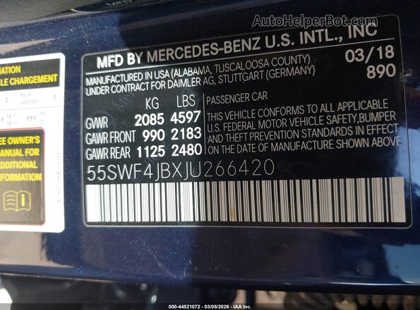 55SWF4JBXJU266420 2018 MERCEDES-BENZ C-CLASS Blue Widok komory silnika
