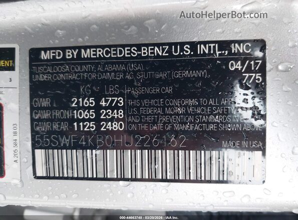 55SWF4KB0HU226162 2017 MERCEDES-BENZ C-CLASS Silver Vista del compartimento del motor