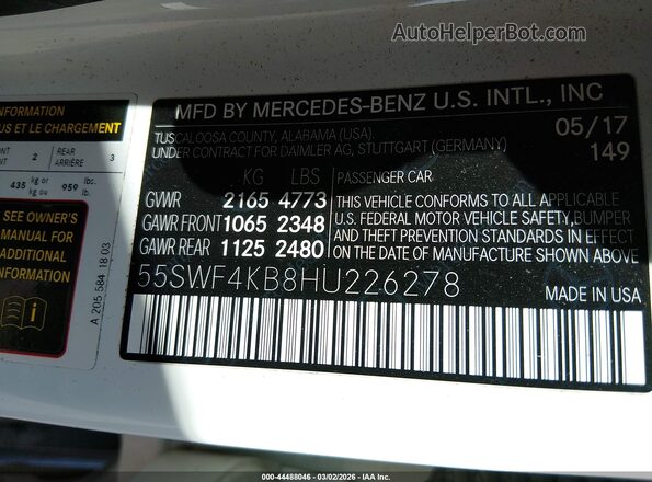 55SWF4KB8HU226278 2017 MERCEDES-BENZ C-CLASS Белый Вид подкапотного пространства