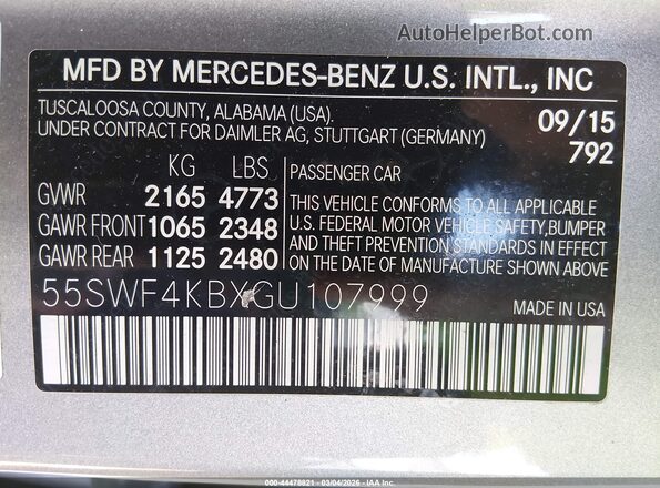 55SWF4KBXGU107999 2016 MERCEDES-BENZ C-CLASS Серебряный 