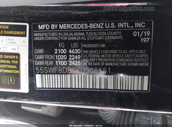 55SWF8DB0KU308551 2019 MERCEDES-BENZ C-CLASS Black Vista del compartimento del motor