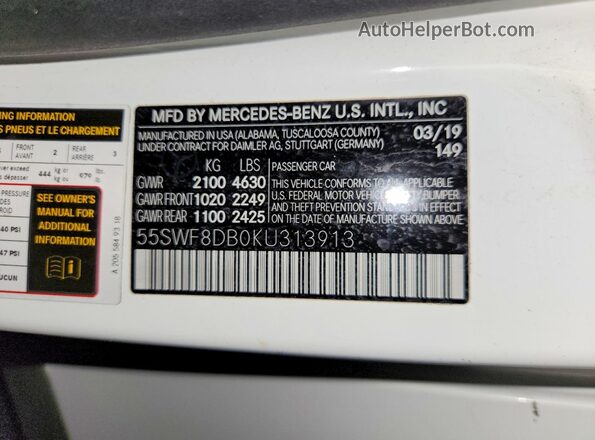 55SWF8DB0KU313913 2019 MERCEDES-BENZ C White 