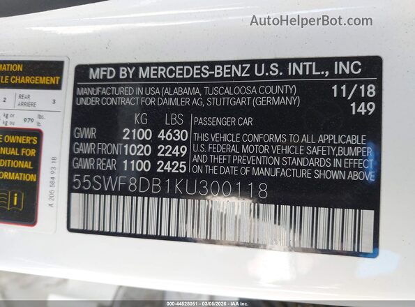 55SWF8DB1KU300118 2019 MERCEDES-BENZ C-CLASS White 