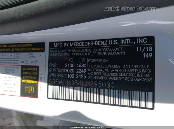 55SWF8DB4KU295030 2019 MERCEDES-BENZ C-CLASS White Вид підкапотного простору