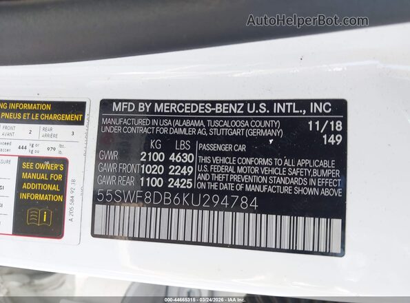 55SWF8DB6KU294784 2019 MERCEDES-BENZ C-CLASS White Շարժիչի բաժամունքի տեսք