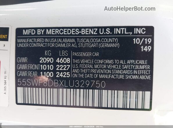 55SWF8DBXLU329750 2020 MERCEDES-BENZ C-CLASS White 