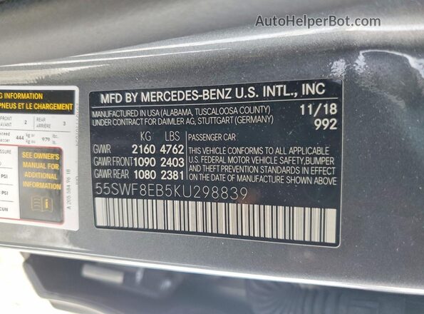 55SWF8EB5KU298839 2019 MERCEDES-BENZ C Gray 