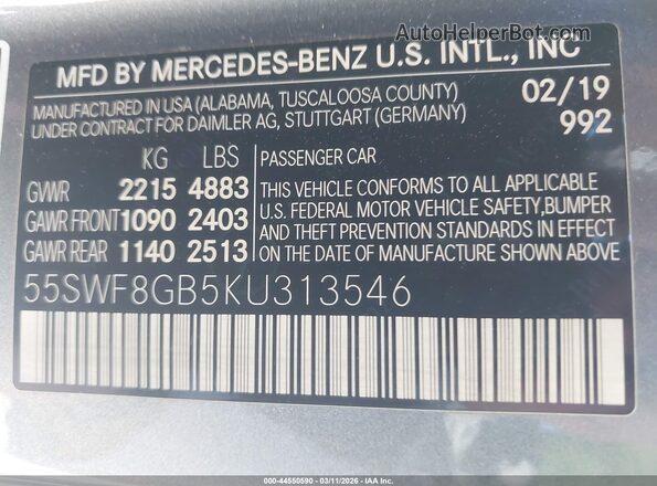 55SWF8GB5KU313546 2019 MERCEDES-BENZ AMG C 63 Gray 