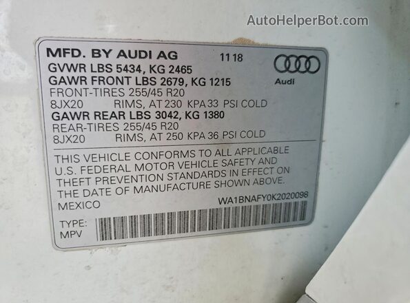 WA1BNAFY0K2020098 2019 AUDI Q5 Белый 
