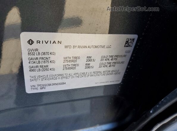 7PDSGCBA3RN030064 2024 RIVIAN R1S Gray Панорамний вид салону 360°