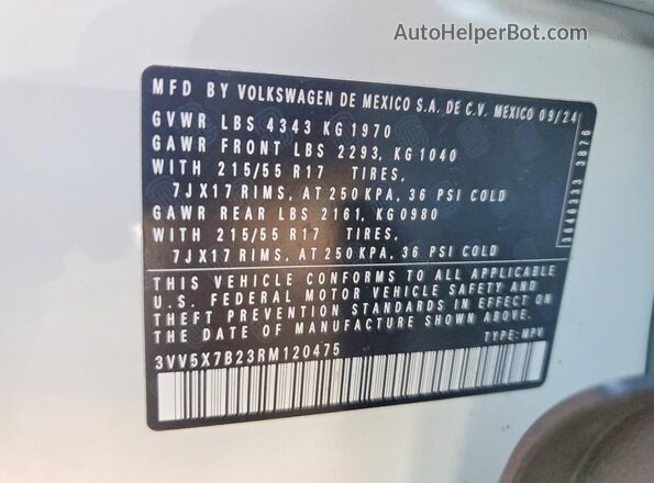 3VV5X7B23RM120475 2024 VOLKSWAGEN TAOS Белый Вид наклейки с VIN-кодом