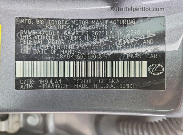 58ABK1GG0GU015147 2016 LEXUS ES Gray VIN კოდის სტიკერის ხედი