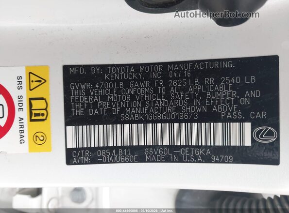 58ABK1GG8GU019673 2016 LEXUS ES 350 White 