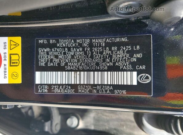 58ABZ1B10KU014958 2019 LEXUS ES Black Vista del compartimento del motor