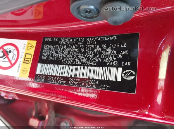 58ABZ1B13KU009463 2019 LEXUS ES 350 Red Widok komory silnika
